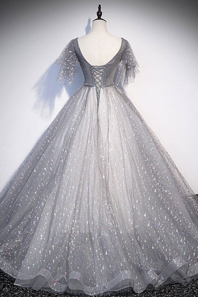 Cap Sleeves V Neck Gray Tulle Long Prom Dresses with Sequins, V Neck Gray Formal Dresses, Grey Evening Dresses