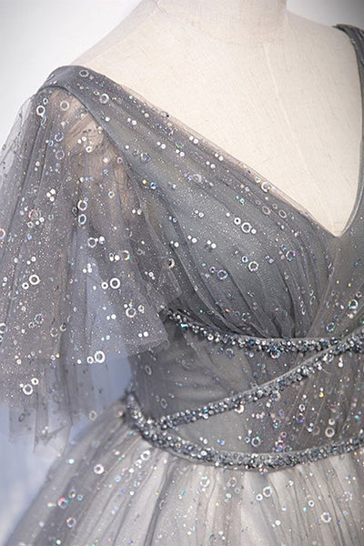 Cap Sleeves V Neck Gray Tulle Long Prom Dresses with Sequins, V Neck Gray Formal Dresses, Grey Evening Dresses