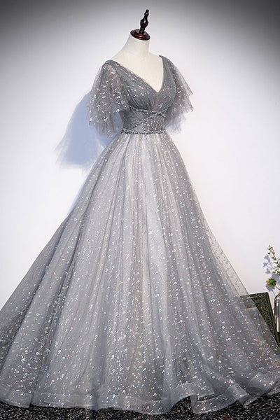 Cap Sleeves V Neck Gray Tulle Long Prom Dresses with Sequins, V Neck Gray Formal Dresses, Grey Evening Dresses