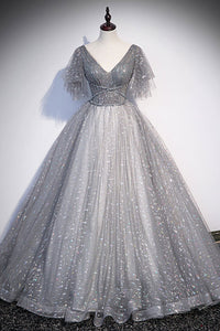 Cap Sleeves V Neck Gray Tulle Long Prom Dresses with Sequins, V Neck Gray Formal Dresses, Grey Evening Dresses