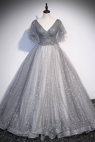 Cap Sleeves V Neck Gray Tulle Long Prom Dresses with Sequins, V Neck Gray Formal Dresses, Grey Evening Dresses