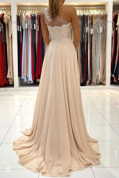 Champagne Chiffon One Shoulder Lace Long Prom Dresses with High Slit, One Shoulder Champagne Formal Dresses, Champagne Lace Evening Dresses