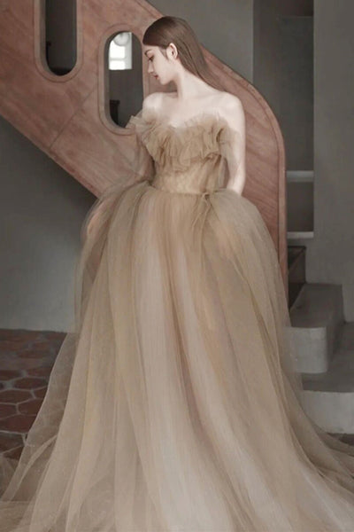 Champagne Elegant Strapless Tulle Long Prom Dresses, Champagne Tulle Formal Graduation Evening Dresses WT1198
