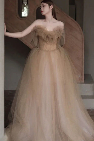 Champagne Elegant Strapless Tulle Long Prom Dresses, Champagne Tulle Formal Graduation Evening Dresses WT1198