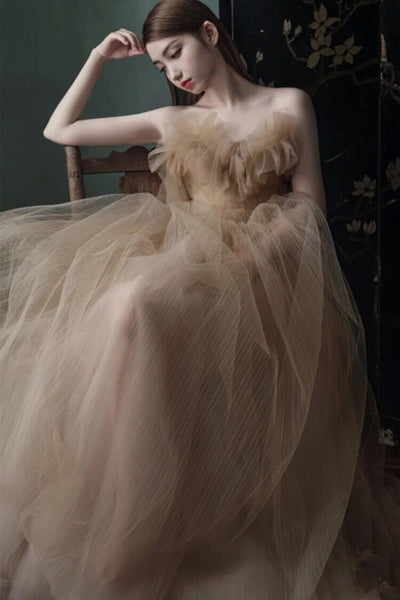 Champagne Elegant Strapless Tulle Long Prom Dresses, Champagne Tulle Formal Graduation Evening Dresses WT1198