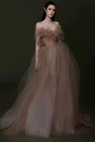 Champagne Elegant Strapless Tulle Long Prom Dresses, Champagne Tulle Formal Graduation Evening Dresses WT1198