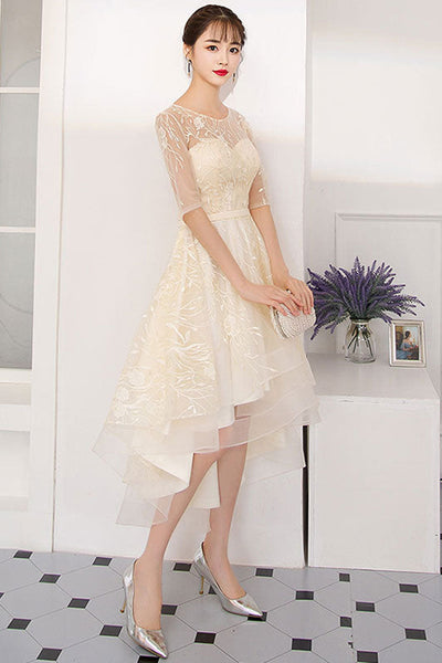 Champagne Lace Half Sleeves High Low Prom Homecoming Dresses, High Low Champagne Formal Graduation Evening Dresses WT1043