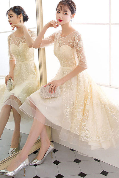 Champagne Lace Half Sleeves High Low Prom Homecoming Dresses, High Low Champagne Formal Graduation Evening Dresses WT1043