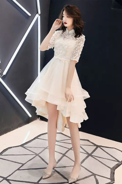 Champagne Lace Half Sleeves High Low Short Prom Dresses, Champagne Lace Homecoming Dresses, Champagne Formal Evening Dresses WT1074