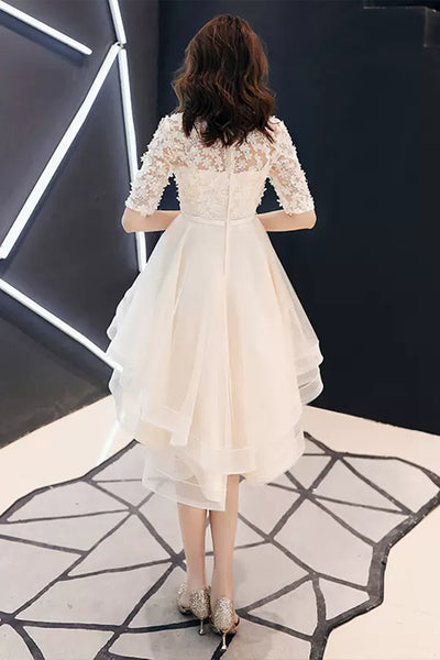 Champagne Lace Half Sleeves High Low Short Prom Dresses, Champagne Lace Homecoming Dresses, Champagne Formal Evening Dresses WT1074