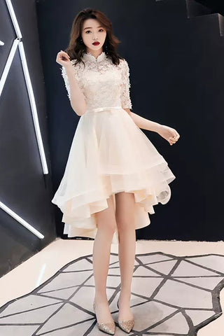 Champagne Lace Half Sleeves High Low Short Prom Dresses, Champagne Lace Homecoming Dresses, Champagne Formal Evening Dresses WT1074