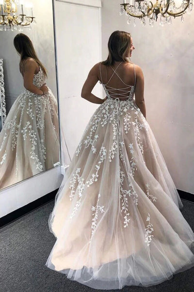 Champagne Lace Tulle Long Prom Dresses Open Back Champagne Lace Formal Evening Dresses