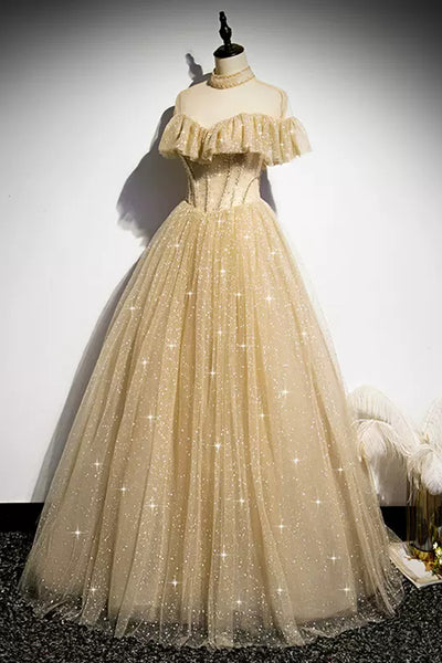 Champagne Shiny Tulle High Neck Long Prom Dresses, Champagne Formal Evening Dresses Long WT1222