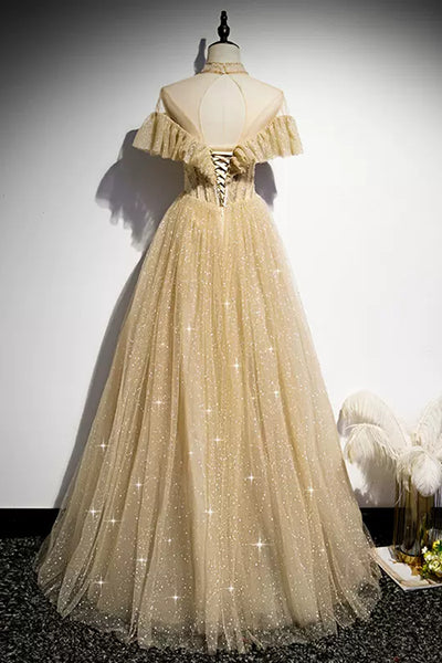 Champagne Shiny Tulle High Neck Long Prom Dresses, Champagne Formal Evening Dresses Long WT1222