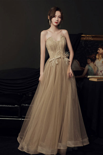 Champagne Tulle A Line Open Back Long Prom Dresses, Long Champagne Formal Evening Dresses WT1049