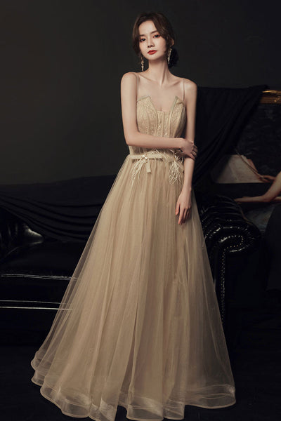 Champagne Tulle A Line Open Back Long Prom Dresses, Long Champagne Formal Evening Dresses WT1049