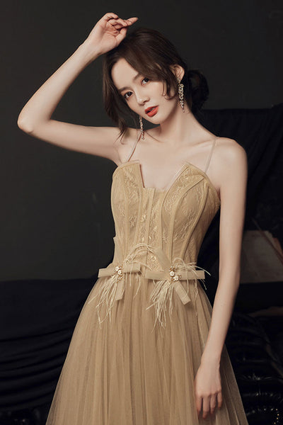 Champagne Tulle A Line Open Back Long Prom Dresses, Long Champagne Formal Evening Dresses WT1049
