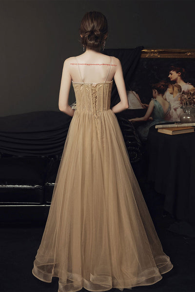 Champagne Tulle A Line Open Back Long Prom Dresses, Long Champagne Formal Evening Dresses WT1049