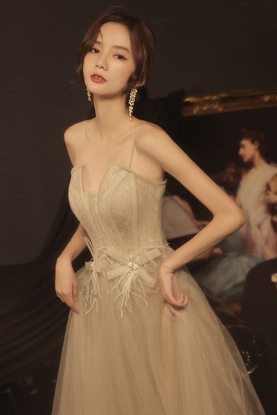 Champagne Tulle A Line Open Back Long Prom Dresses, Long Champagne Formal Evening Dresses WT1049