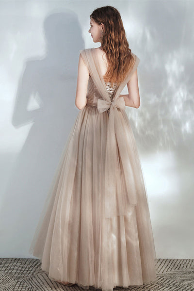 Champagne Tulle Elegant Long Prom Dresses, Champagne Formal Graduation Evening Dresses WT1120