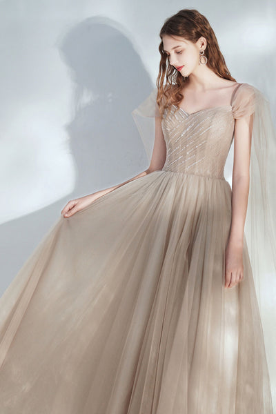 Champagne Tulle Elegant Long Prom Dresses, Champagne Formal Graduation Evening Dresses WT1120