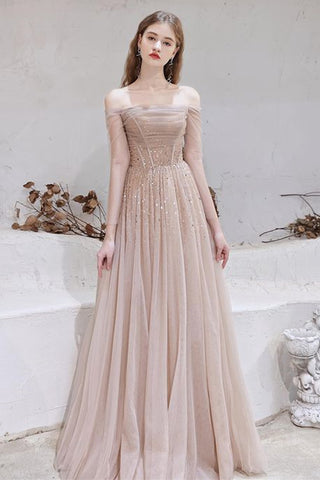 Champagne Tulle Elegant Long Sleeves Prom Dresses with Sequins, Champagne Formal Graduation Evening Dresses WT1226
