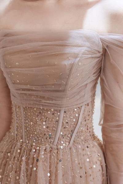Champagne Tulle Elegant Long Sleeves Prom Dresses with Sequins, Champagne Formal Graduation Evening Dresses WT1226