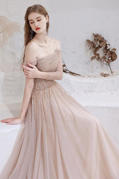Champagne Tulle Elegant Long Sleeves Prom Dresses with Sequins, Champagne Formal Graduation Evening Dresses WT1226