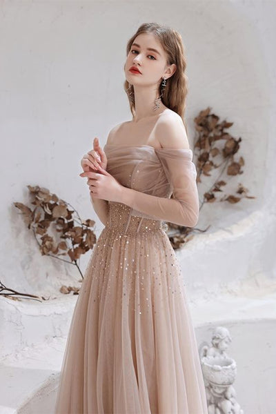 Champagne Tulle Elegant Long Sleeves Prom Dresses with Sequins, Champagne Formal Graduation Evening Dresses WT1226