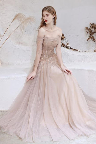 Champagne Tulle Elegant Long Sleeves Prom Dresses with Sequins, Champagne Formal Graduation Evening Dresses WT1226