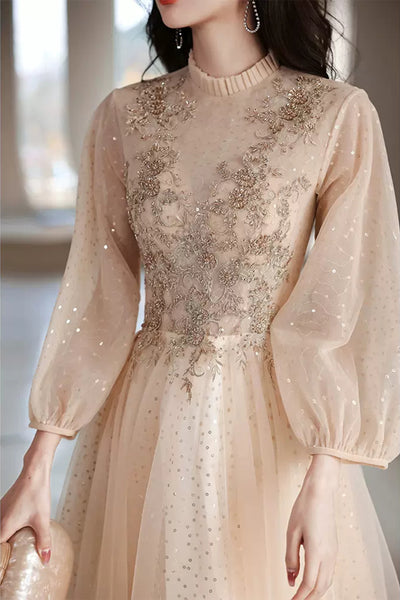 Champagne Tulle High Neck Long Sleeves Beaded Prom Dresses, Shiny Champagne Formal Dresses, Beaded Evening Dresses WT1082