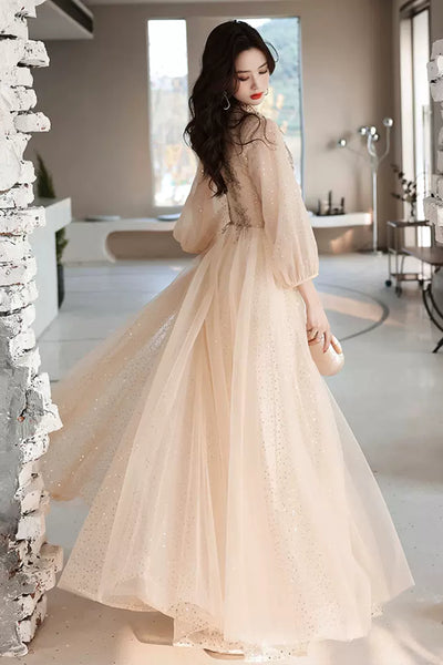 Champagne Tulle High Neck Long Sleeves Beaded Prom Dresses, Shiny Champagne Formal Dresses, Beaded Evening Dresses WT1082