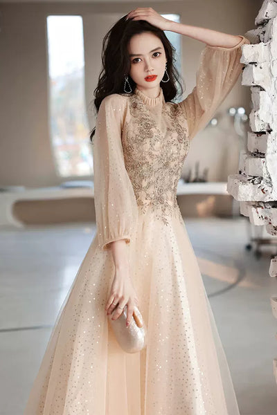 Champagne Tulle High Neck Long Sleeves Beaded Prom Dresses, Shiny Champagne Formal Dresses, Beaded Evening Dresses WT1082