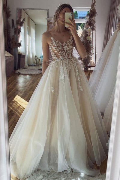 Champagne Tulle Lace Long Prom Dresses, Open Back Champagne Formal Dresses, Champagne Lace Evening Dresses