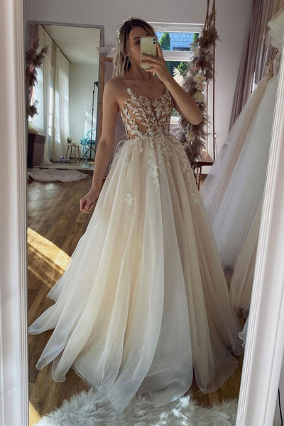 Champagne Tulle Lace Long Prom Dresses, Open Back Champagne Formal Dresses, Champagne Lace Evening Dresses