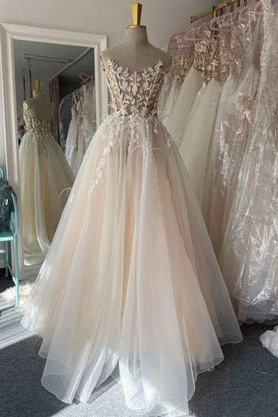 Champagne Tulle Lace Long Prom Dresses, Open Back Champagne Formal Dresses, Champagne Lace Evening Dresses