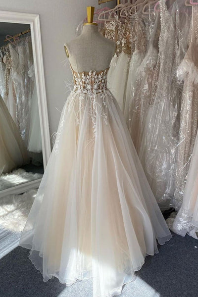 Champagne Tulle Lace Long Prom Dresses, Open Back Champagne Formal Dresses, Champagne Lace Evening Dresses