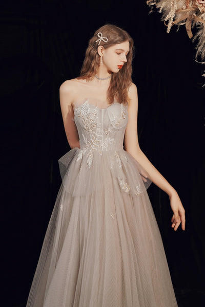 Champagne Tulle Strapless Lace Floral Long Prom Dresses, Champagne Lace Formal Graduation Evening Dresses WT1097