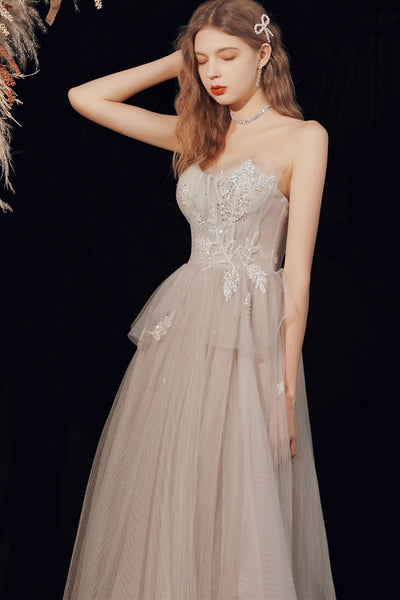 Champagne Tulle Strapless Lace Floral Long Prom Dresses, Champagne Lace Formal Graduation Evening Dresses WT1097