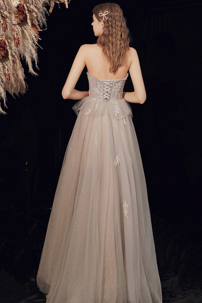 Champagne Tulle Strapless Lace Floral Long Prom Dresses, Champagne Lace Formal Graduation Evening Dresses WT1097