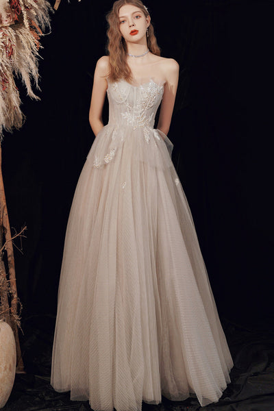 Champagne Tulle Strapless Lace Floral Long Prom Dresses, Champagne Lace Formal Graduation Evening Dresses WT1097