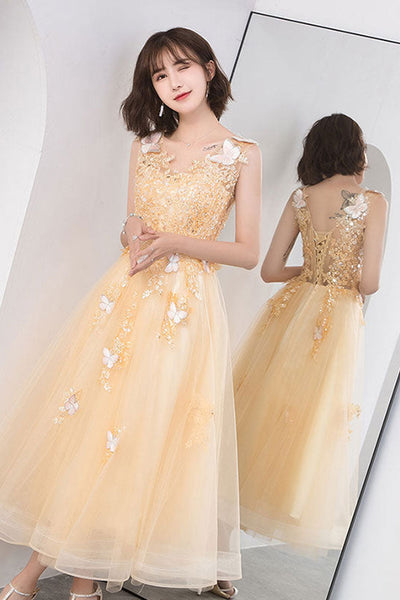 Champagne Tulle V Neck Lace Short Prom Dresses, Champagne Lace Homecoming Dresses, Champagne Formal Evening Dresses WT1057
