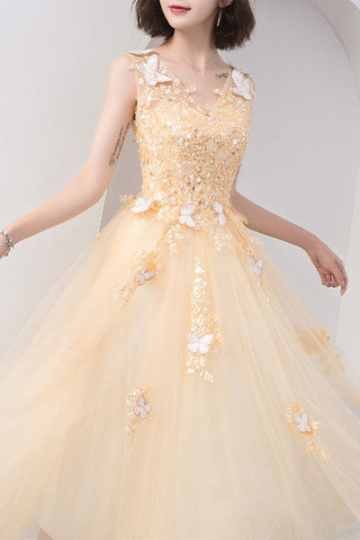 Champagne Tulle V Neck Lace Short Prom Dresses, Champagne Lace Homecoming Dresses, Champagne Formal Evening Dresses WT1057