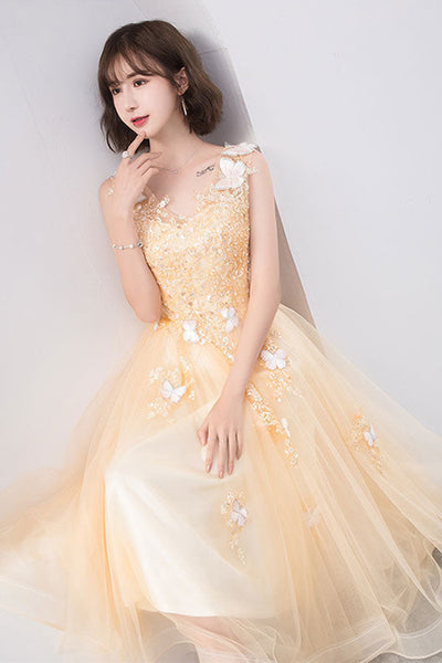 Champagne Tulle V Neck Lace Short Prom Dresses, Champagne Lace Homecoming Dresses, Champagne Formal Evening Dresses WT1057