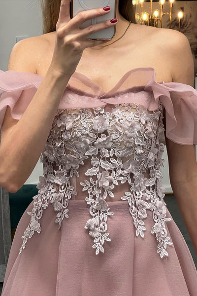 Charming Off Shoulder High Low Pink/White Lace Prom Homecoming Dresses, Short Pink/White Lace Formal Graduation Evening Dresses WT1025