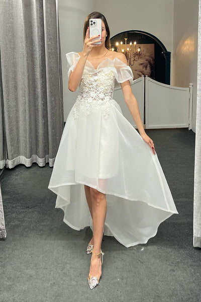 Charming Off Shoulder High Low Pink/White Lace Prom Homecoming Dresses, Short Pink/White Lace Formal Graduation Evening Dresses WT1025