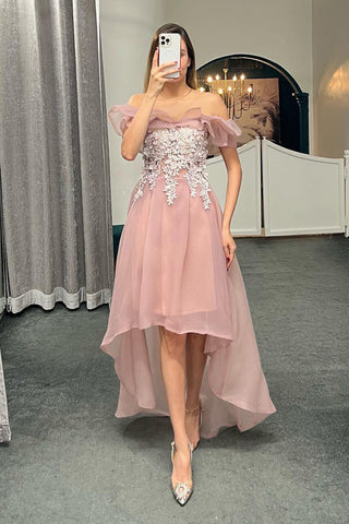 Charming Off Shoulder High Low Pink/White Lace Prom Homecoming Dresses, Short Pink/White Lace Formal Graduation Evening Dresses WT1025