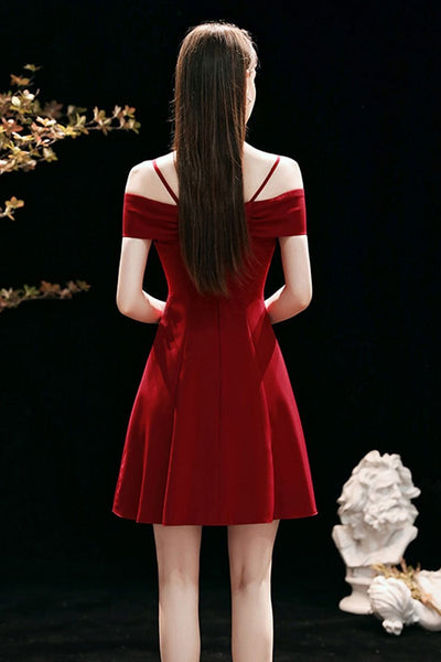 Cute Off Shoulder Burgundy Short Prom Dresses, Off the Shoulder Burgundy Homecoming Dresses, Burgundy Formal Evening Dresses