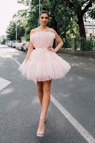 Cute Pink Tulle Short Prom Dresses, Pink Tulle Homecoming Dresses, Short Pink Formal Dresses