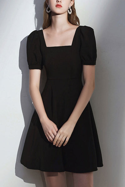 Cute Short Sleeves Black Prom Dresses, Short Black Homecoming Dresses, Black Formal Evening Dresses